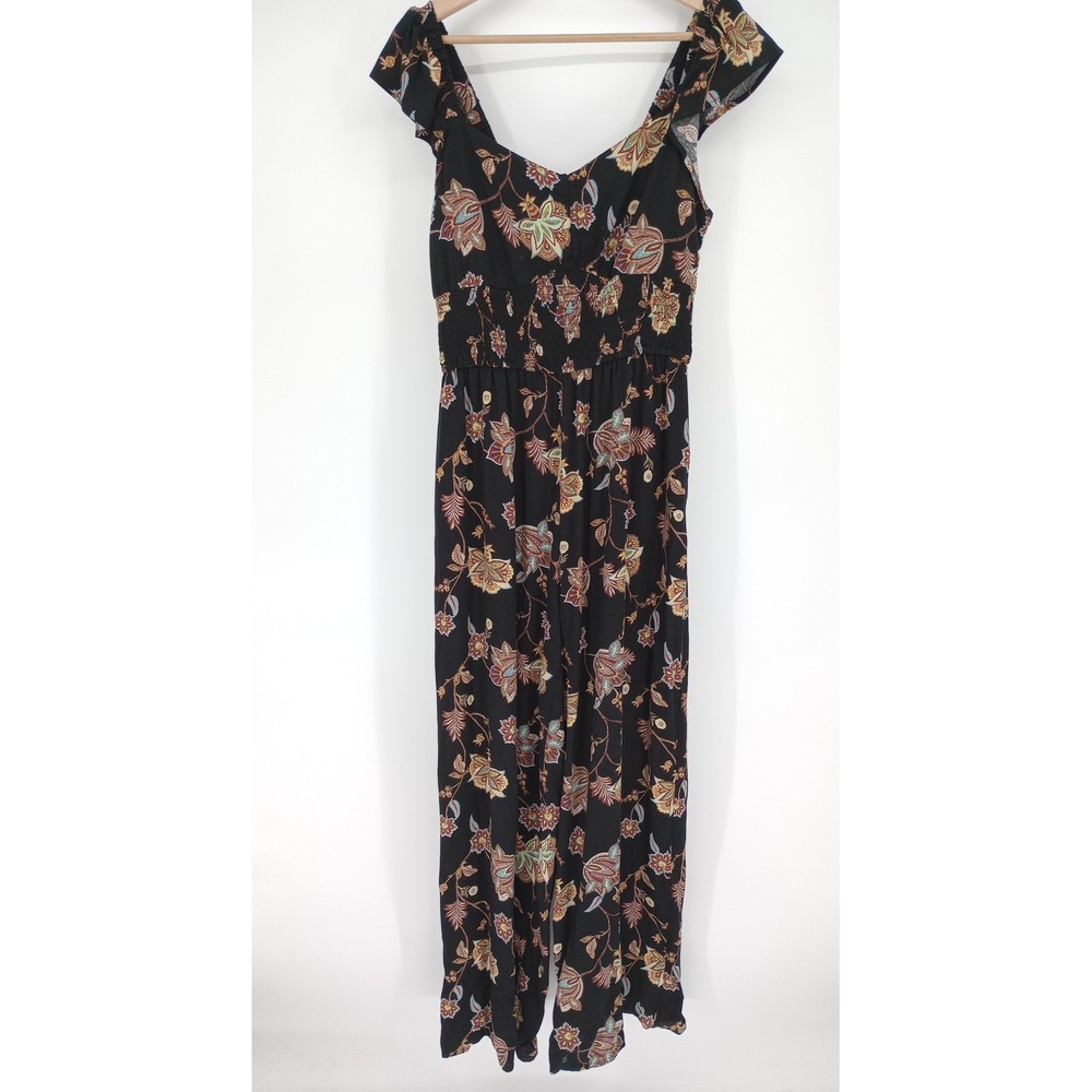 Cato Jumpsuit Womens Large Black Floral Smocked Flutter Sleeve Wide Leg